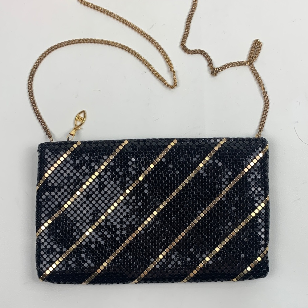 Vintage Black and Gold Sequin Clutch purse Bag Chain Strap Zip closed Lined